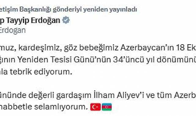 Cumhurbaşkanı Erdoğan, Azerbaycan'ın bağımsızlık gününü kutladı