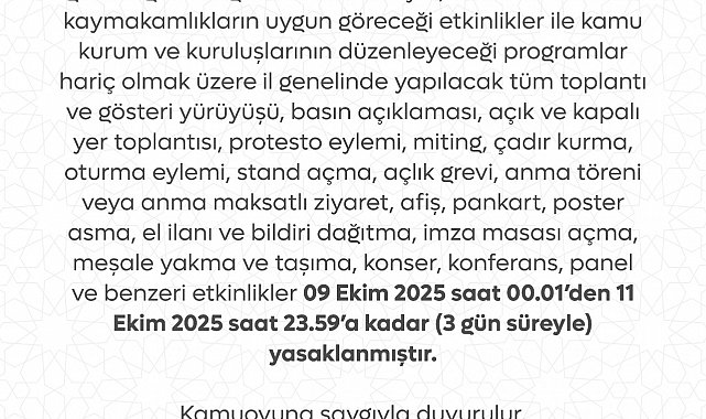 Tokat'ta 3 günlük gösteri ve eylem yasağı kararı