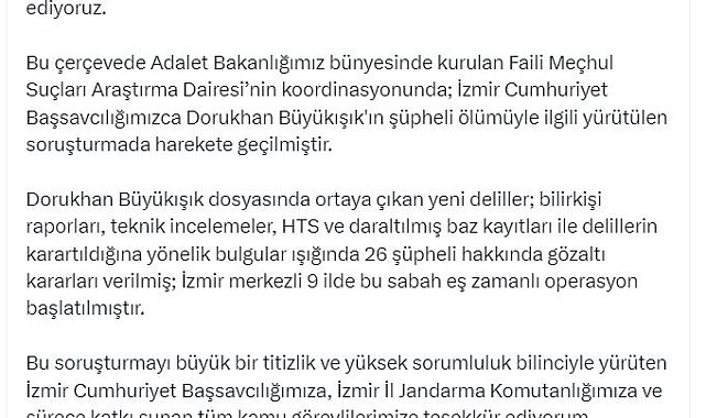 'Dorukhan Büyükışık' soruşturmasında İzmir merkezli operasyon: 26 kişiye gözaltı kararı