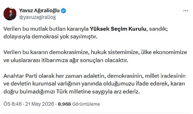 Ağıralioğlu: Demokrasi yok sayılmıştır