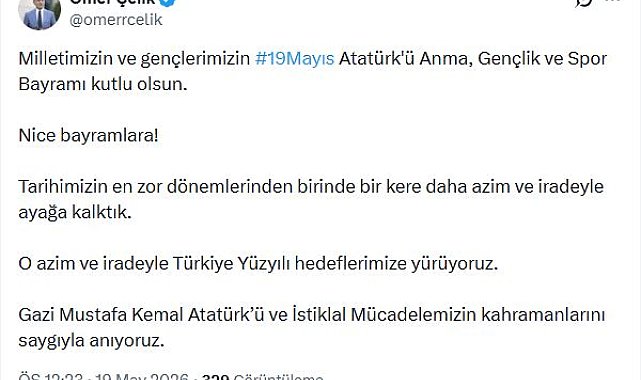 AK Parti'li Çelik: Milletimizin ve gençlerimizin 'Atatürk'ü Anma, Gençlik ve Spor Bayramı' kutlu olsun
