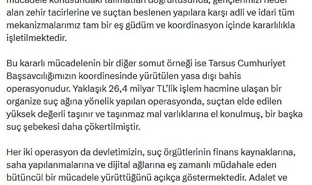 Bakan Gürlek: Suç odaklarına karşı mücadelemiz kararlılıkla sürecektir