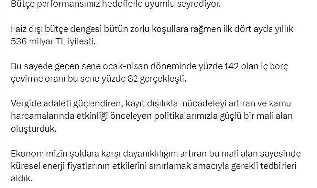 Bakan Şimşek: Bütçe performansımız hedeflerle uyumlu seyrediyor
