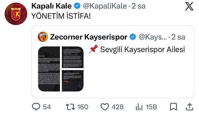 Kayserispor Başkanı Açıkalın'a taraftar grubundan istifa çağrısı