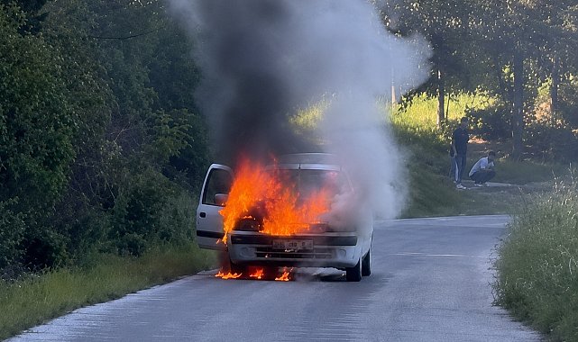 Otomobil yangını, ormana sıçramadan söndürüldü
