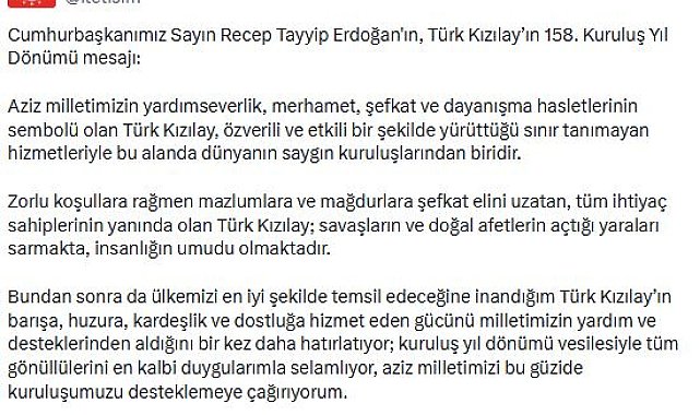 Cumhurbaşkanı Erdoğan'dan Türk Kızılay'ın 158'nci kuruluş yıl dönümü mesajı