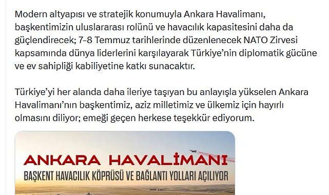 İletişim Başkanı Duran: Ankara Havalimanı, başkentimizin uluslararası rolünü güçlendirecek
