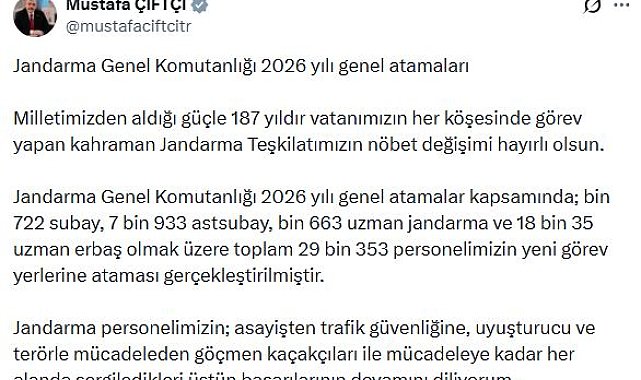 Jandarma Genel Komutanlığı'nda 29 bin 353 personel, yeni görev yerlerine atandı