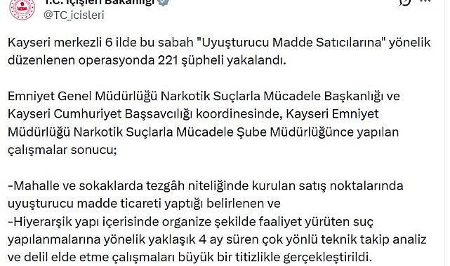 Kayseri merkezli 6 ilde 'uyuşturucu' operasyonu: 221 gözaltı