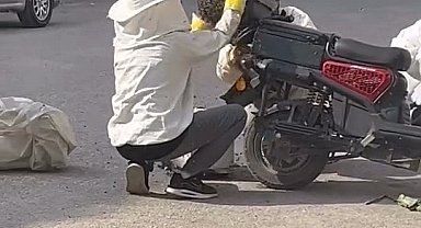 Motosiklette toplanan arıları, özel kıyafetiyle kovana topladı