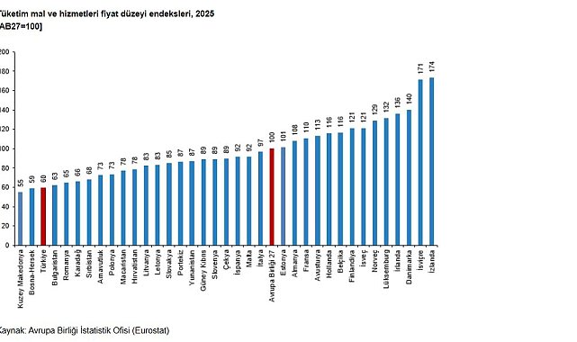 Türkiye'nin tüketim mal ve hizmetleri fiyat düzeyi endeksi 60 oldu