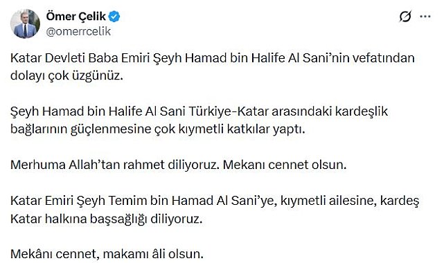 AK Parti'li Çelik'ten eski Katar Emiri Hamed bin Halife Al Sani için taziye mesajı