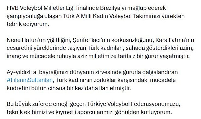 Bahçeli'den, A Milli Kadın Voleybol Takımı'na tebrik