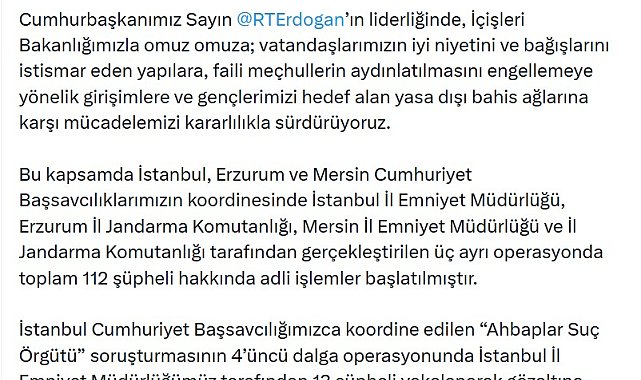 Bakan Gürlek: 3 soruşturmada 112 şüpheli hakkında adli işlem başlatıldı