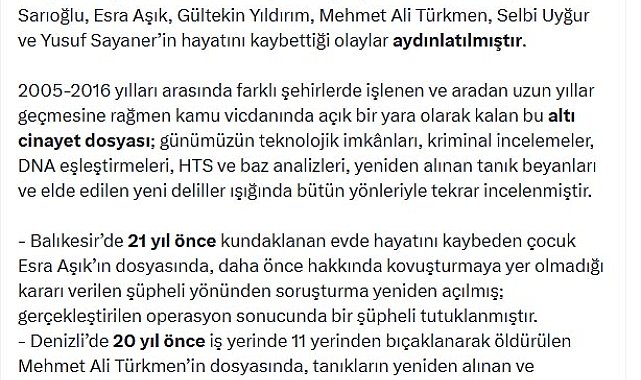 Bakan Gürlek duyurdu; 6 cinayet dosyası aydınlatıldı