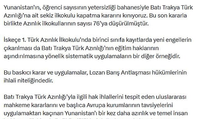 Bakanlık: Yunanistan'ın Batı Trakya Türk azınlığına ait 8 ilkokulu kapatma kararını kınıyoruz