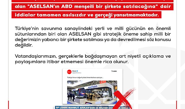 DMM: ASELSAN'ın ABD menşeili şirkete satılacağı iddiası asılsızdır