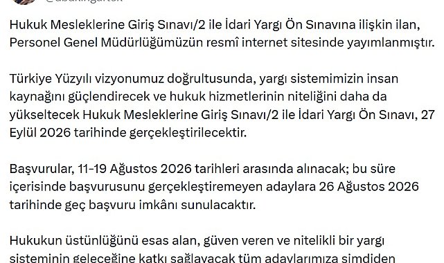 Hukuk Mesleklerine Giriş ve İdari Yargı Ön Sınavı 27 Eylül'de yapılacak