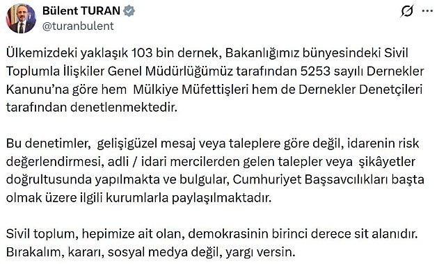 İçişleri Bakan Yardımcısı Turan: Dernekler denetlenmektedir