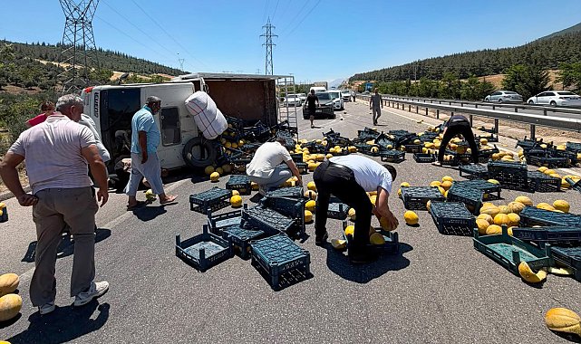 Kamyonet devrildi, kasasındaki kavunlar yola saçıldı