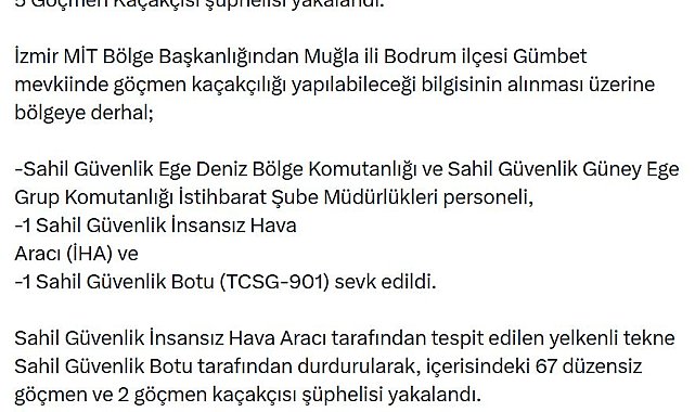Muğla açıklarında 67 düzensiz göçmen yakalandı