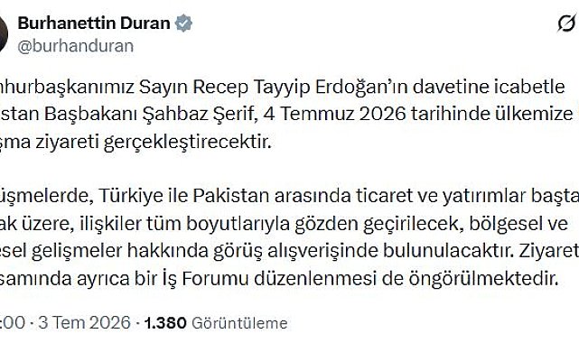 Pakistan Başbakanı Şerif, Türkiye'ye gelecek