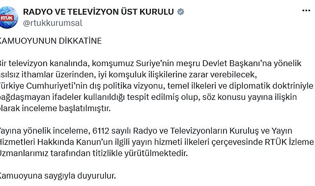 RTÜK'ten Suriye Devlet Başkanı Şara'ya yönelik ithamlara inceleme