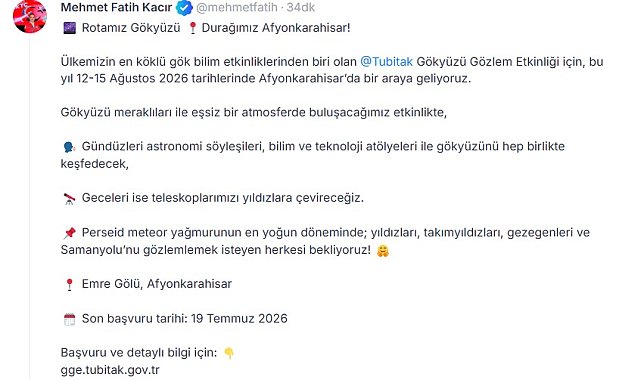 TÜBİTAK Gökyüzü Gözlem Etkinliği, Afyonkarahisar'da yapılacak
