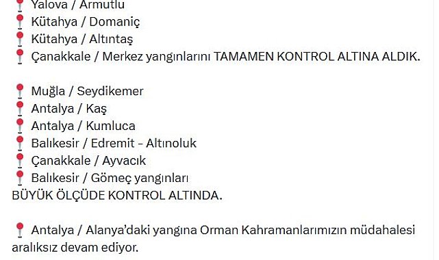 Yalova, Kütahya ve Çanakkale yangınları tamamen kontrol altına alındı