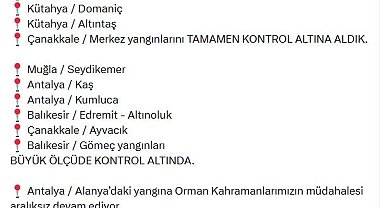 Yalova, Kütahya ve Çanakkale yangınları tamamen kontrol altına alındı