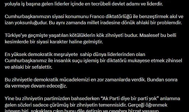 AK Parti'li Çelik: Cumhurbaşkanımızın siyasi konumunu Franco diktatörlüğü ile benzeştirmek akıl ve izan yoksunluğudur