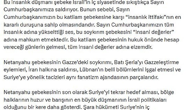 AK Parti'li Çelik: İsrail, Suriye halkının iç barışına saldırmaktadır