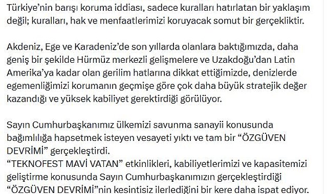 AK Parti'li Çelik'ten 'TEKNOFEST Mavi Vatan' paylaşımı
