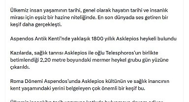 AK Parti'li Çelik'ten Aspendos'ta bulunan 'Asklepios' heykeline ilişkin paylaşım