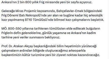 Bakan Ersoy: Ankara'nın 2 bin 800 yıllık Frig mirasında yeni bir sayfa açıyoruz