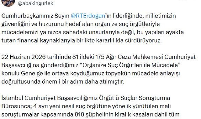 Bakan Gürlek: 818 şüphelinin banka hesapları ile kripto varlıklarına el konuldu