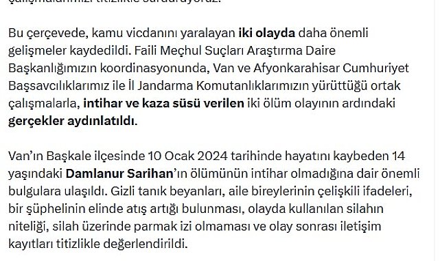 Bakan Gürlek: İntihar ve kaza süsü verilen iki ölüm olayı aydınlatıldı
