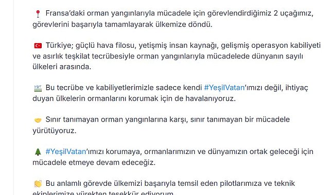 Bakan Yumaklı: Fransa'da görevli yangın söndürme uçakları ülkemize döndü