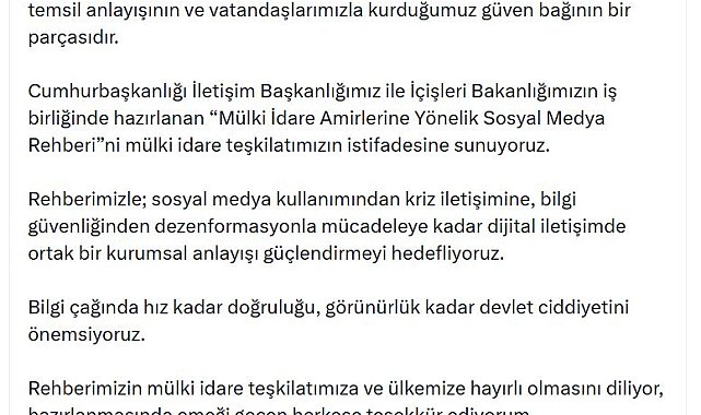 Bakanlık ve İletişim Başkanlığı'ndan 'Mülki İdare Amirlerine Yönelik Sosyal Medya Rehberi'