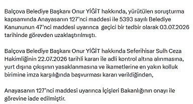 Balçova Belediye Başkanı Onur Yiğit, görevine iade edildi