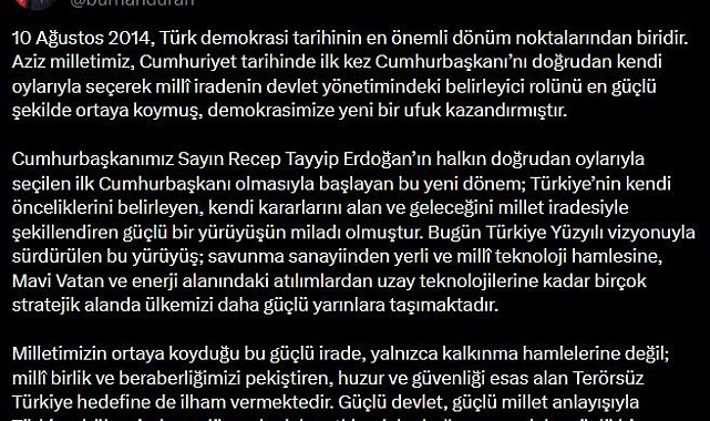 Burhanettin Duran: 10 Ağustos 2014, Türk demokrasi tarihinin en önemli dönüm noktalarından biridir