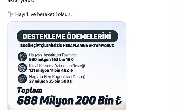 Çiftçilere 688 milyon lira tarımsal destek