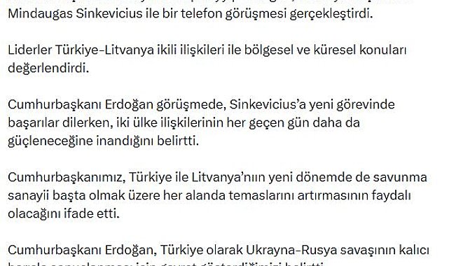 Cumhurbaşkanı Erdoğan, Litvanya Başbakanı Sinkevicius ile görüştü