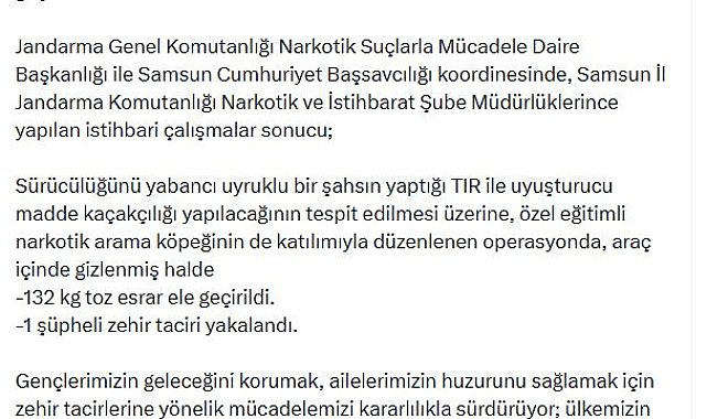 Samsun'da 132 kilo toz esrar ele geçirildi; 1 gözaltı