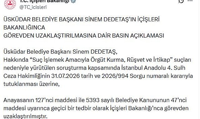 Üsküdar Belediye Başkanı Dedetaş, görevden uzaklaştırıldı