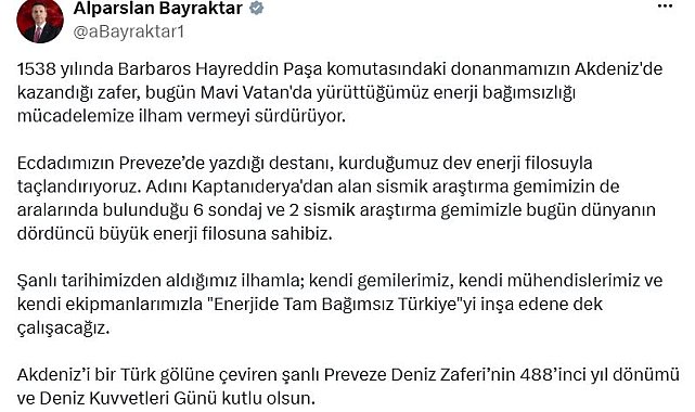 Bakan Bayraktar, Preveze Deniz Zaferi'nin 488'inci yıl dönümünü kutladı