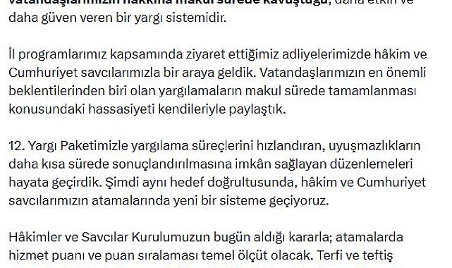 Bakan Gürlek: Hakim ve savcı atamalarında hizmet puanı temel ölçüt olacak