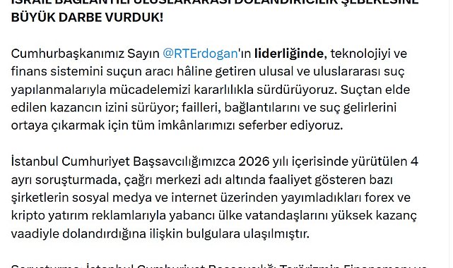 Bakan Gürlek: İsrail bağlantılı uluslararası dolandırıcılık şebekesine büyük darbe vurduk