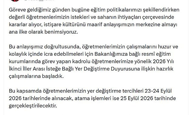 Bakan Tekin: Öğretmenlerimizin yer değiştirme tercihleri 23-24 Eylül'de alınacak