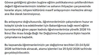 Bakan Tekin: Öğretmenlerimizin yer değiştirme tercihleri 23-24 Eylül'de alınacak